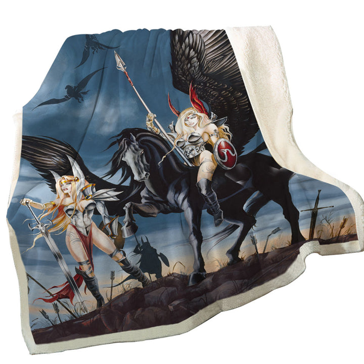 Cool Fantasy Art Pegasus Women Warriors Sherpa Blanket