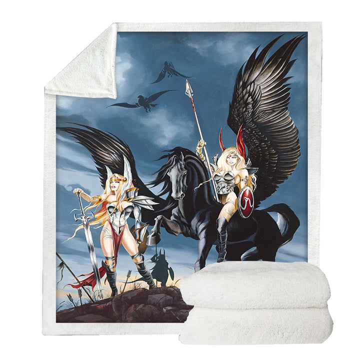 Cool Fantasy Art Pegasus Women Warriors Throw Blanket