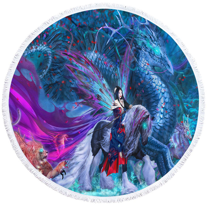 Cool Fantasy Circle Beach Towel with Digital Art Ride of the Yokai