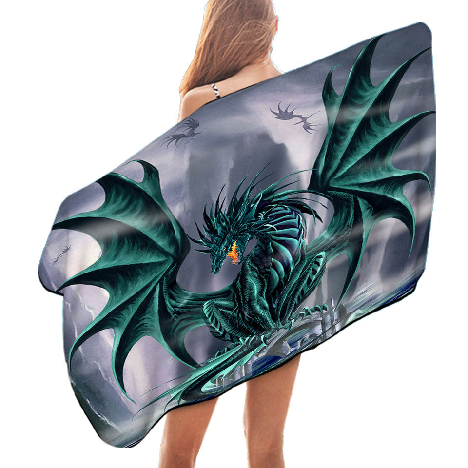 Cool Fantasy Design Microfiber Beach Towel Ocean Cliff Jade Dragon