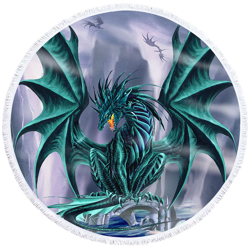 Cool Fantasy Design Round Beach Towel Ocean Cliff Jade Dragon