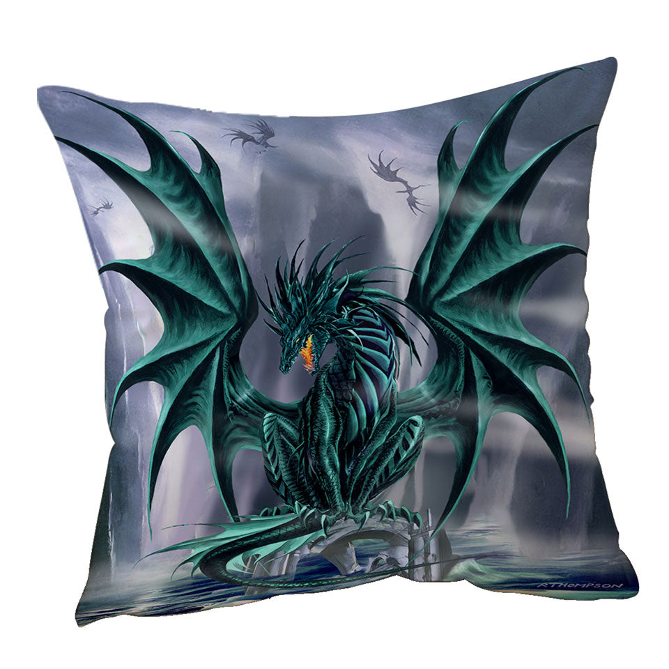 Cool Fantasy Design Throw Pillow Cushion Ocean Cliff Jade Dragon