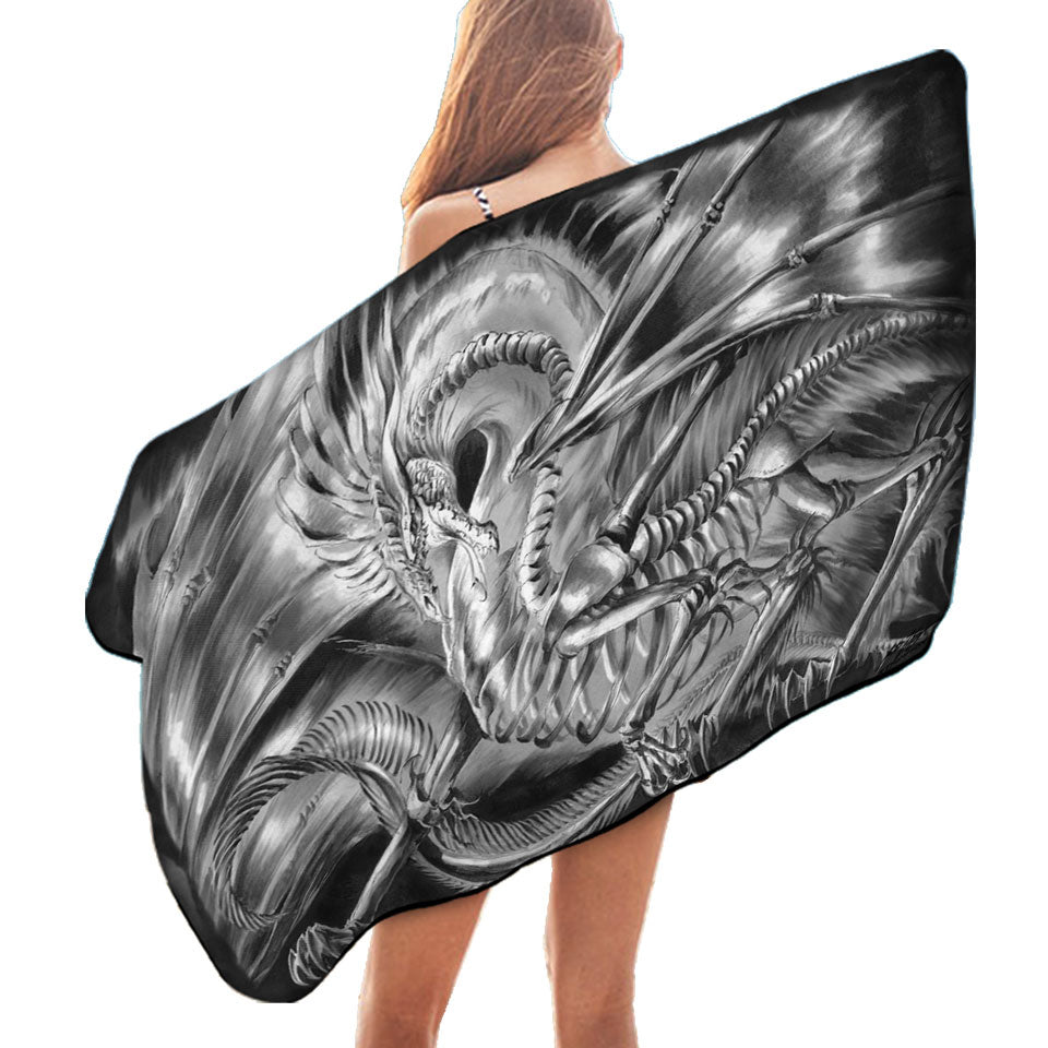 Cool Fantasy Drawing Dracolich Dragon Skeleton Beach Towel