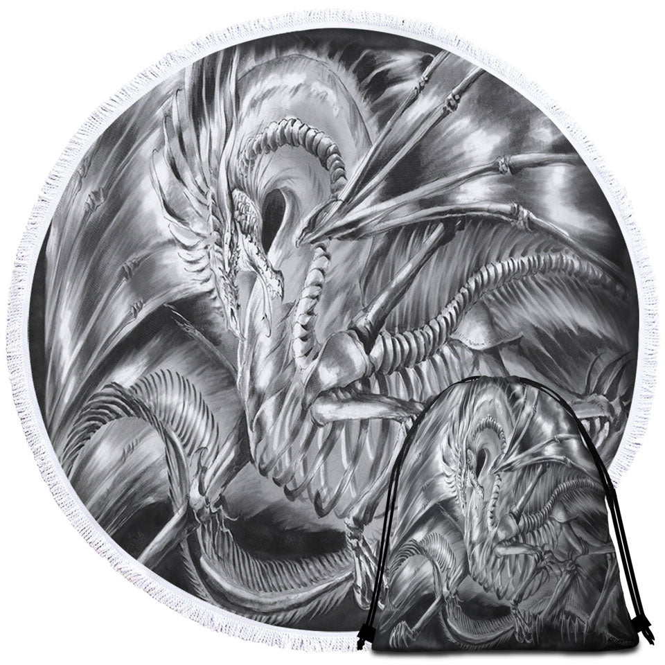 Cool Fantasy Drawing Dracolich Dragon Skeleton Beach Towels and Bags Set