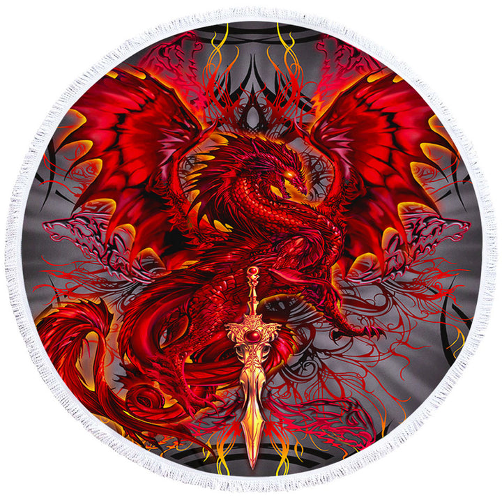 Cool Fantasy Round Beach Towel Weapon Red Dragon Blood Blade