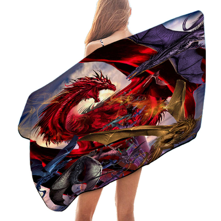 Cool Fantasy Scene Dragon Battle Microfibre Beach Towels