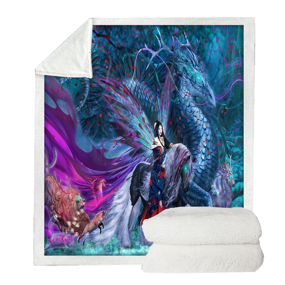 Cool Fantasy Sherpa Blankets with Digital Art Ride of the Yokai