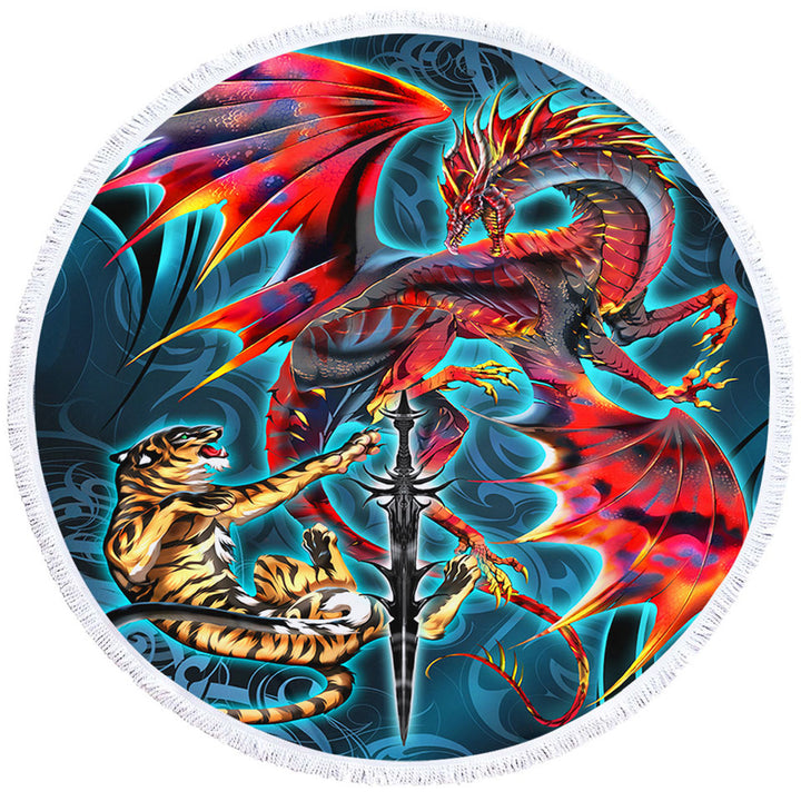 Cool Fantasy Sword Weapon Dragon Tiger Blade Circle Beach Towel