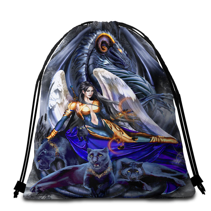 Cool Fantasy Warrior Angel Dragon and Panthers Beach Towel Bags