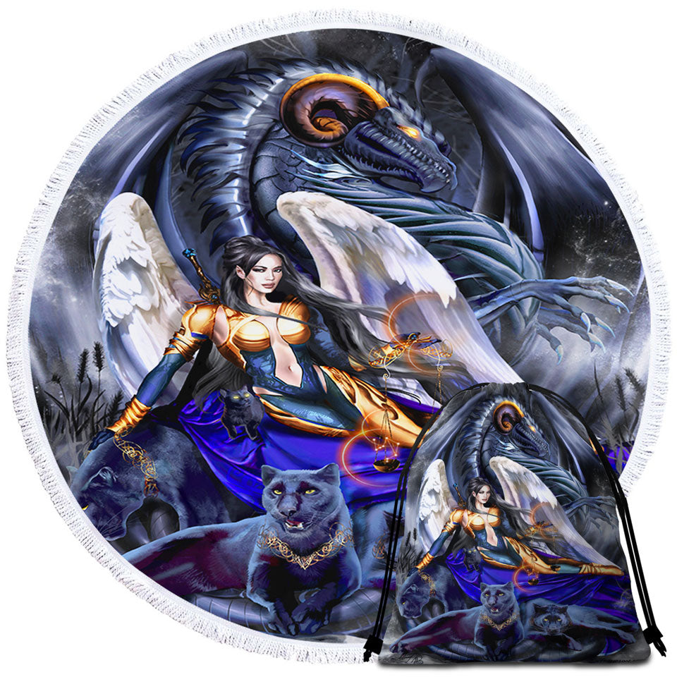 Cool Fantasy Warrior Angel Dragon and Panthers Beach Towels