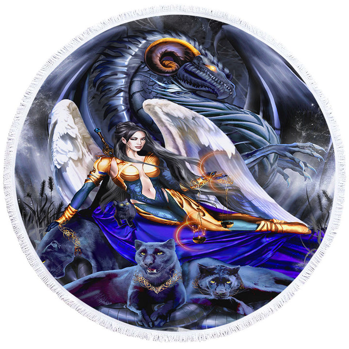 Cool Fantasy Warrior Angel Dragon and Panthers Circle Beach Towel