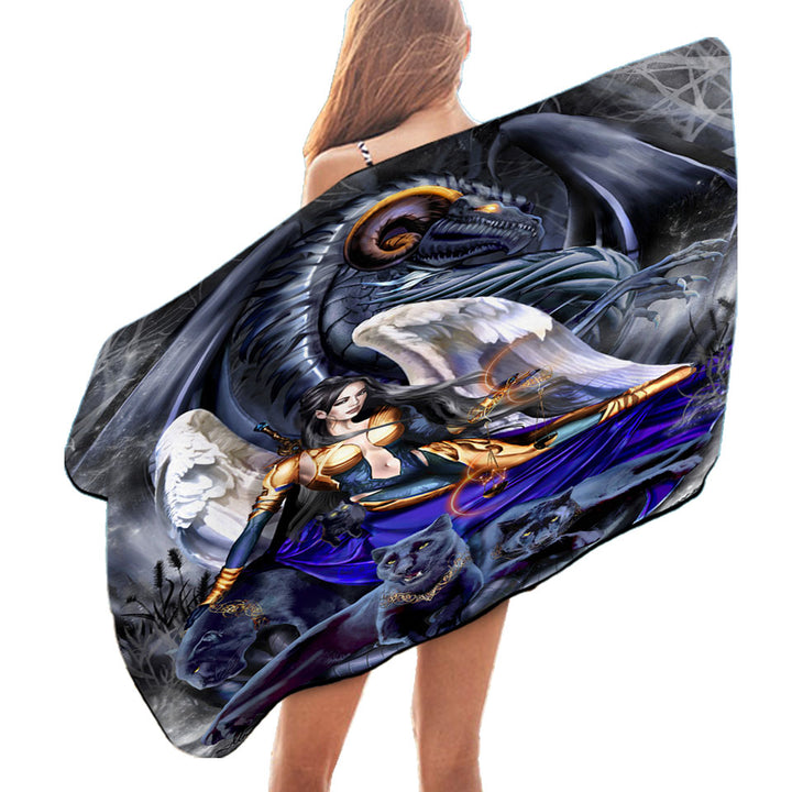 Cool Fantasy Warrior Angel Dragon and Panthers Pool Towels