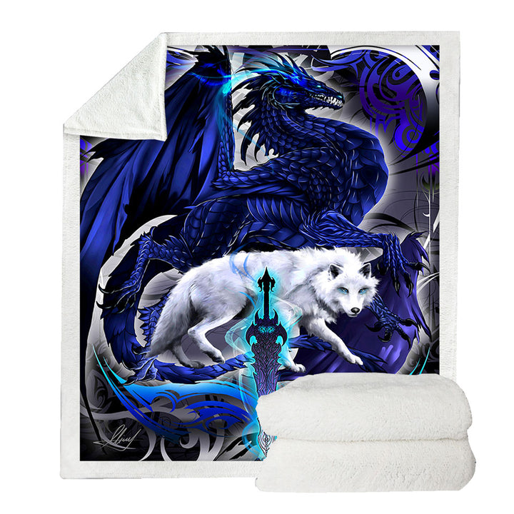 Cool Fantasy Weapon Fleece Blankets with Wolf Dragon Alpha Blade