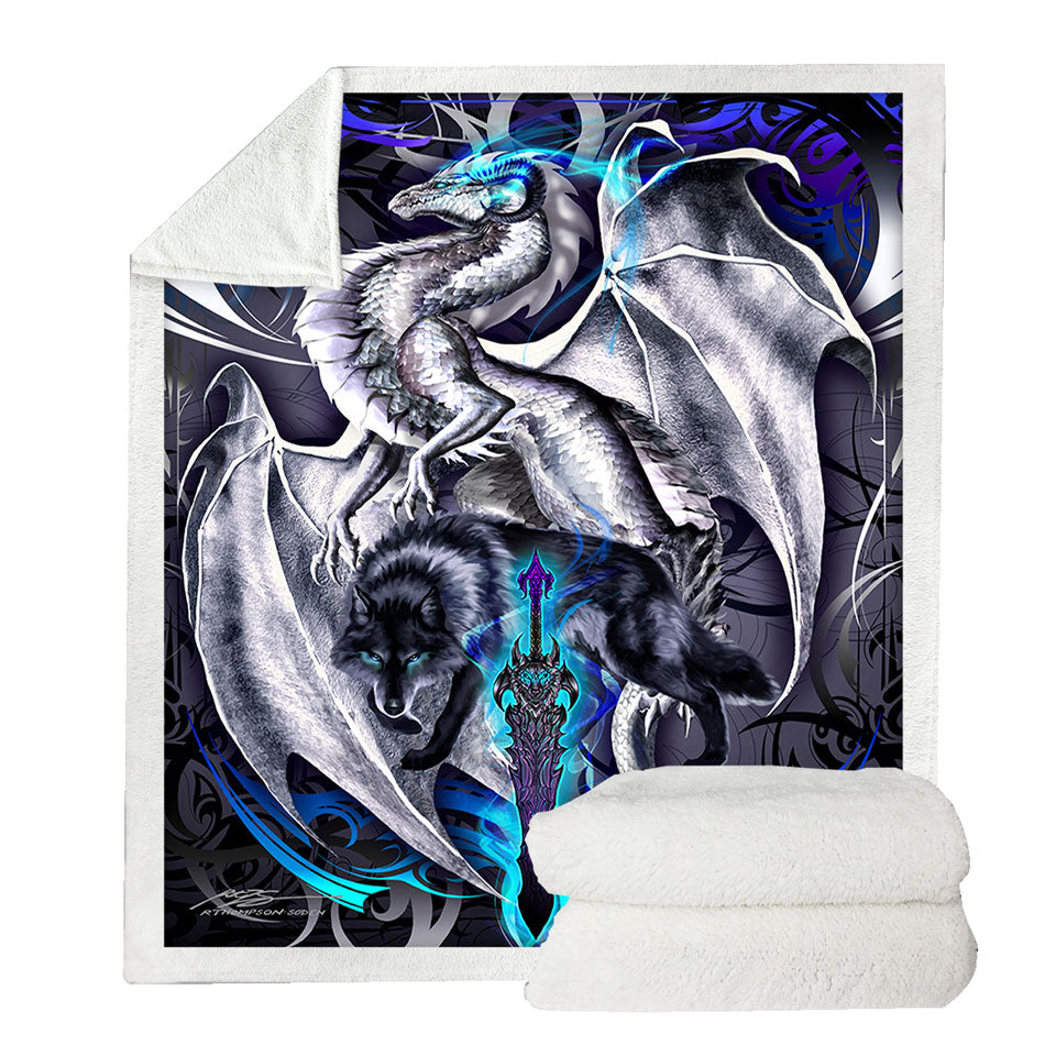 Cool Fleece Blankets with Fantasy Weapon Wolf Dragon Omega Blade