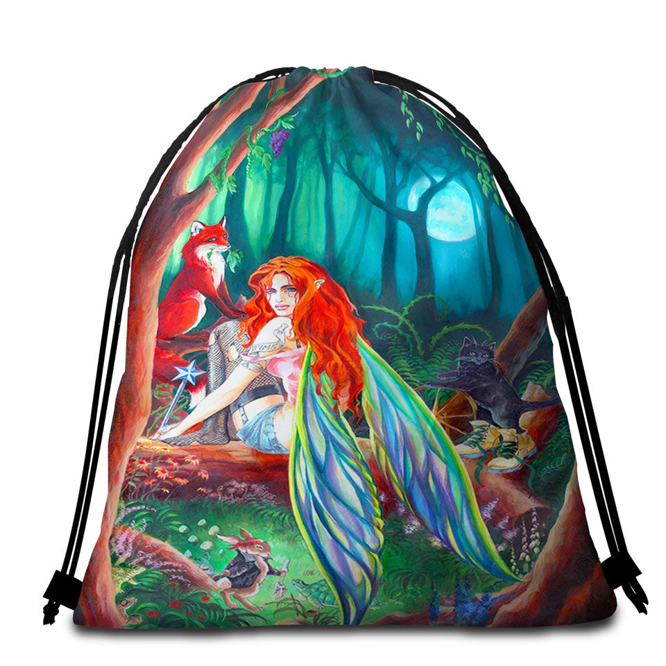 Cool Men and Women Beach Towel Bags Fairy Tale Forest Redhead Fairy and Friends