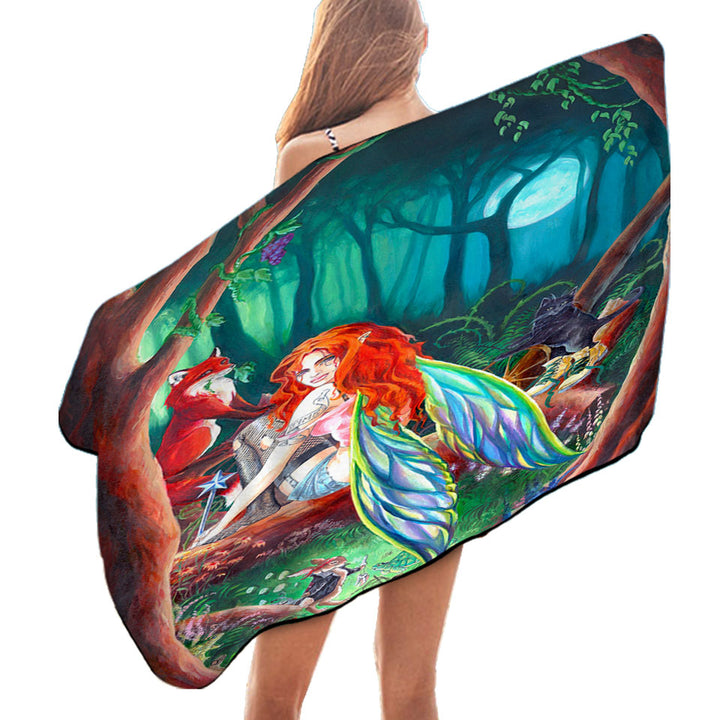 Cool Men and Women Beach Towels Fairy Tale Forest Redhead Fairy and Friends