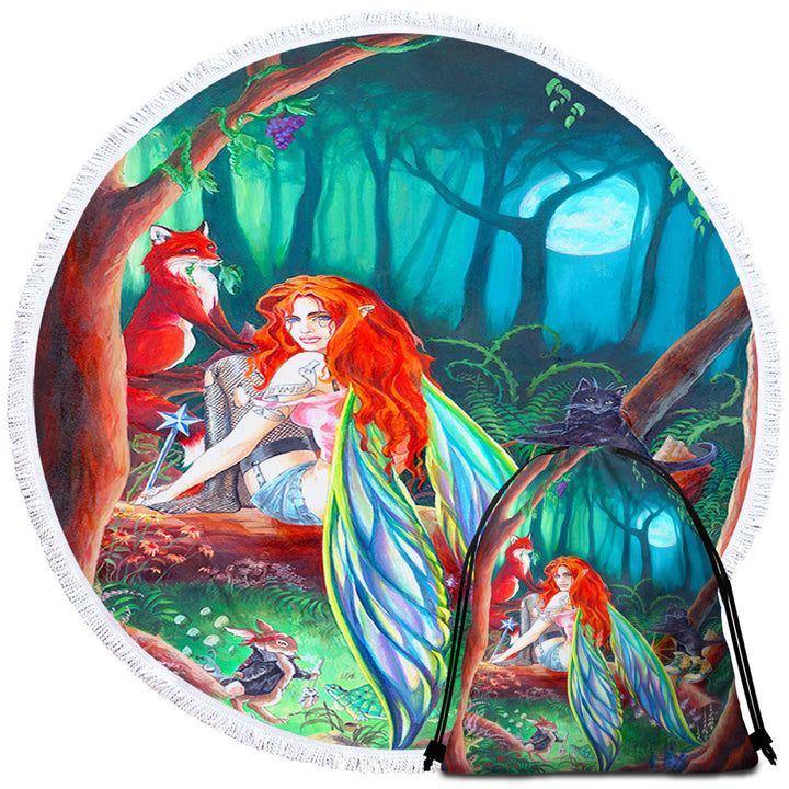 Cool Men and Women Circle Beach Towels Fairy Tale Forest Redhead Fairy and Friends