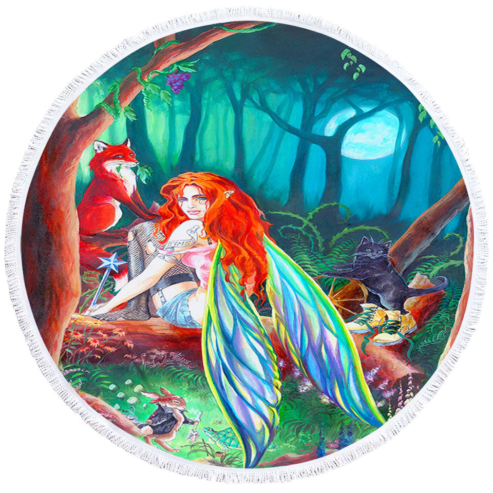 Cool Men and Women Round Beach Towel Fairy Tale Forest Redhead Fairy and Friends