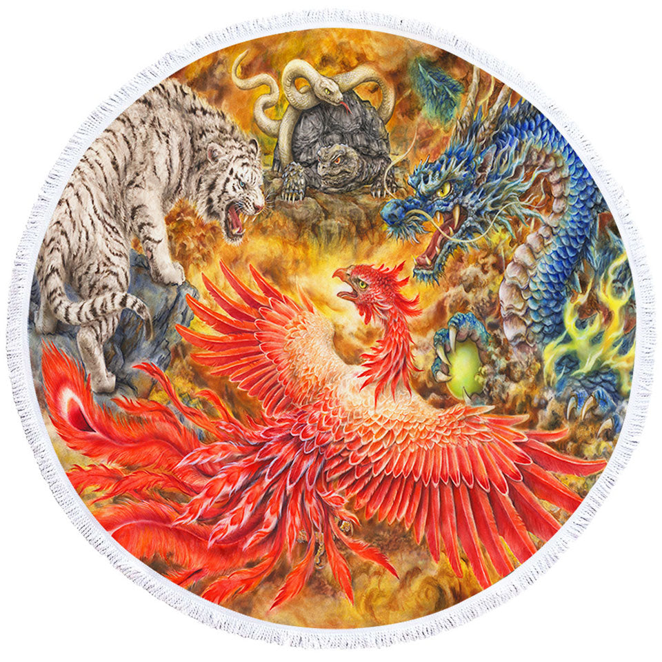 Cool Round Beach Towel Fantasy Art Four Heavenly Beasts