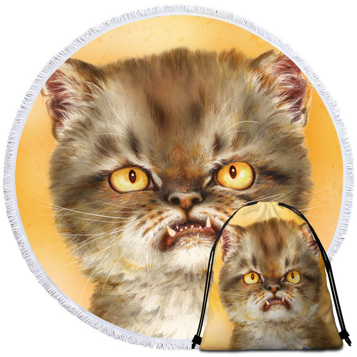 Cool Round Beach Towel with Cat Art Angry Furious Kitten