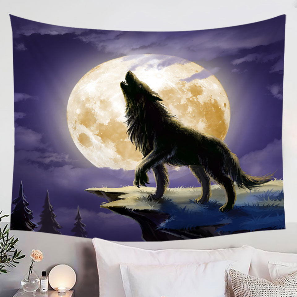 Cool Wolf Howls at a Full Moon Hanging Fabric On Wall