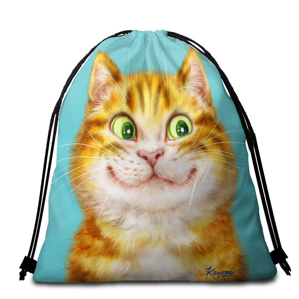 Cute Beach Towel Bag Cats Art Happy Ginger Kitten