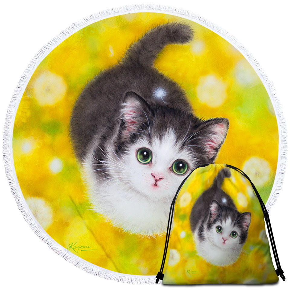 Cute Beach Towels Near Me with Kitty Cat in the Dandelion Flower Garden