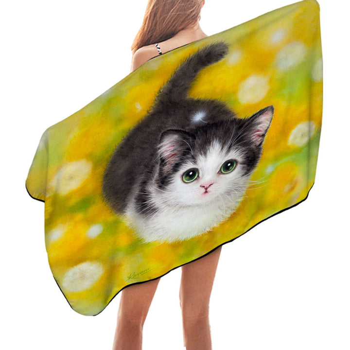 Cute Beach Towels with Kitty Cat in the Dandelion Flower Garden