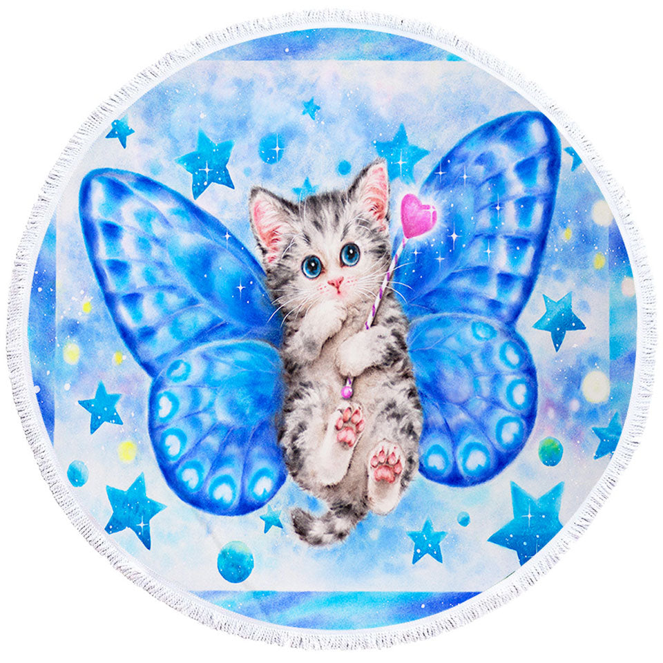 Cute Big Beach Towels with Kitten Designs Blue Butterfly Kitty Cat