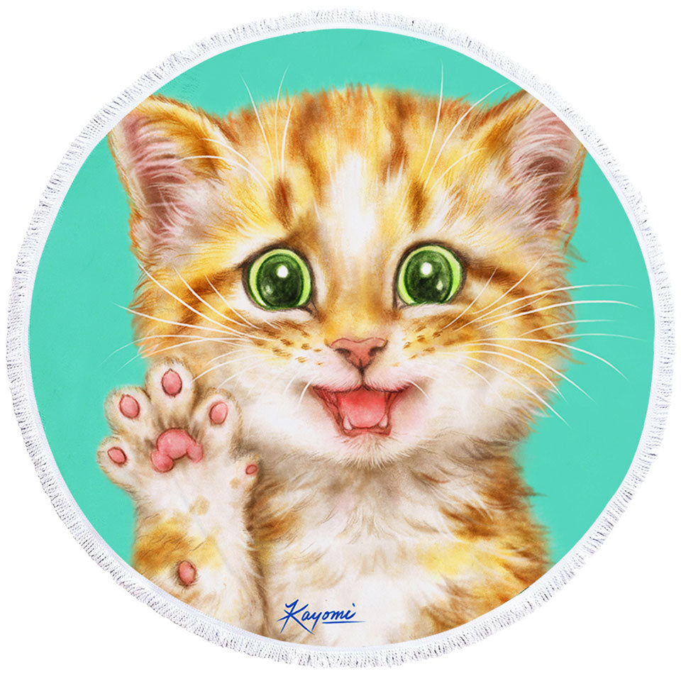 Cute Cats Art Shy Ginger Kitten Round Beach Towel for Kids