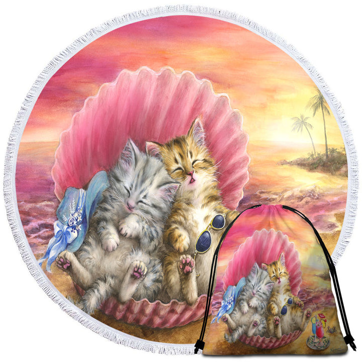 Cute Cats Designs Hawaiian Beach Sunset Round Beach Towel