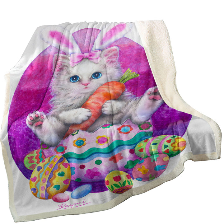 Cute Cats Easter Sherpa Blanket Bunny Kitten Eating Carrot