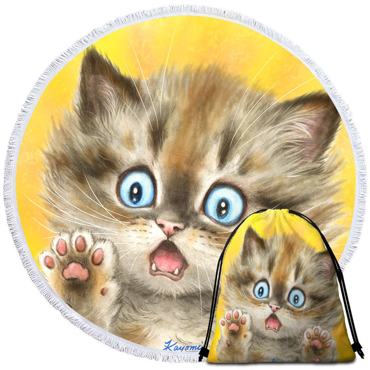 Cute Cats Terrified Baby Blue Eyes Kitten Round Beach Towel