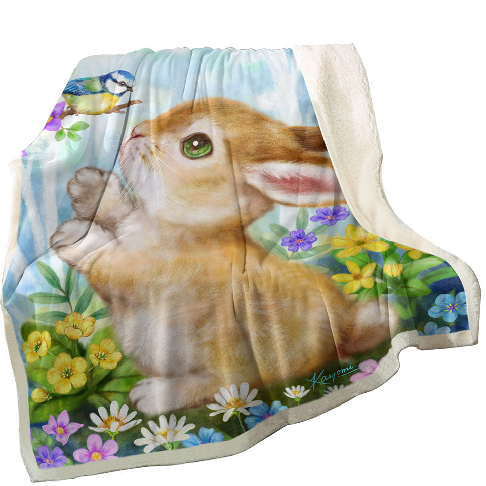 Cute Children Throws Art Designs Flowers Bunny and Bird