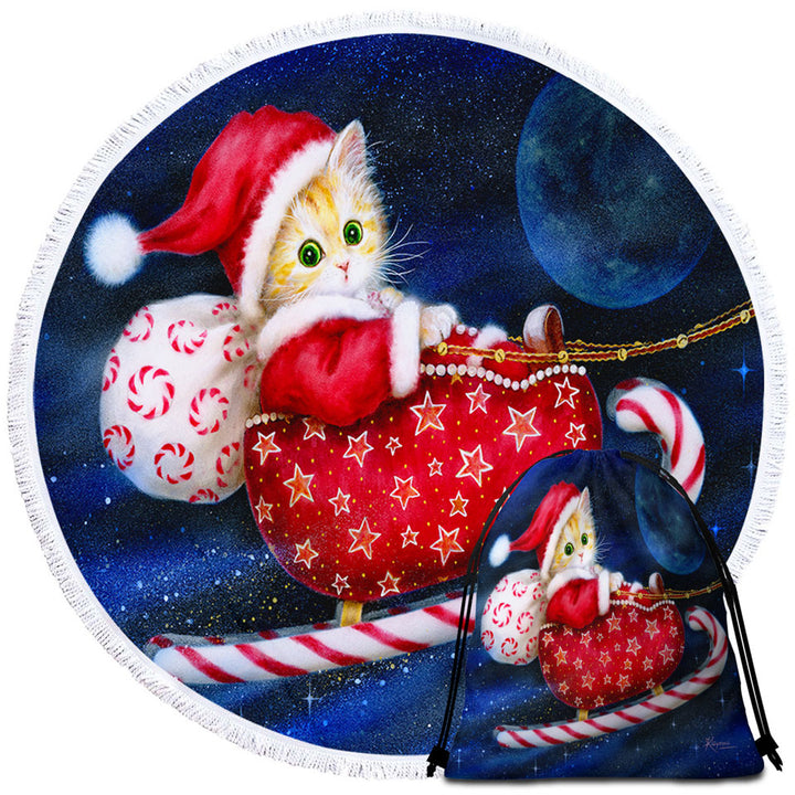 Cute Christmas Beach Towels and Bags Set Design Candy Sleigh Kitten