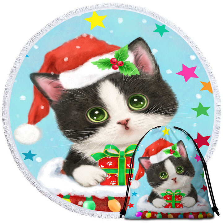 Cute Christmas Best Beach Towels Tuxedo Cat in Chimney