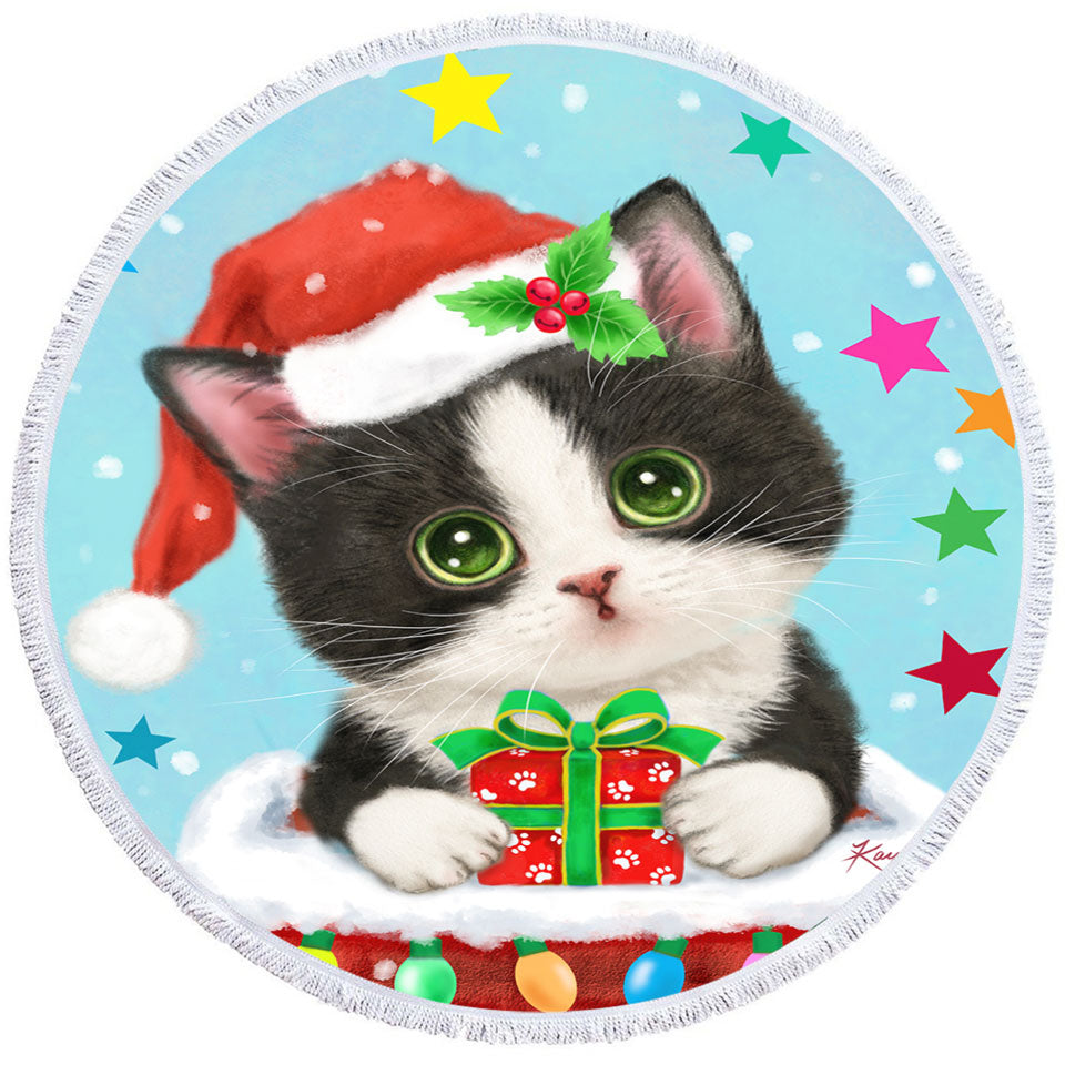 Cute Christmas Round Beach Towel Tuxedo Cat in Chimney