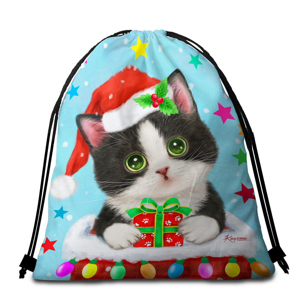 Cute Christmas Travel Beach Towel Tuxedo Cat in Chimney