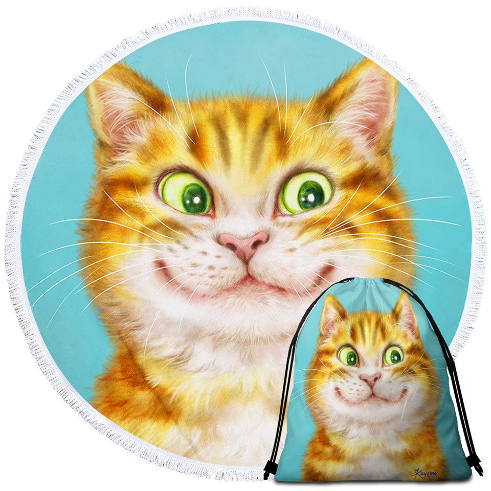 Cute Circle Beach Towel Cats Art Happy Ginger Kitten