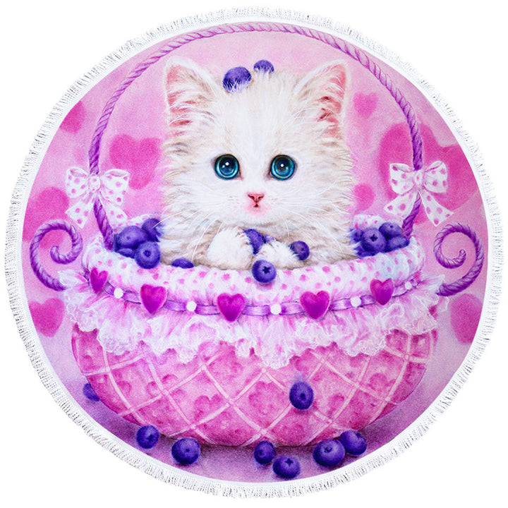 Cute Circle Beach Towel Designs for Girls Kitten in Blueberry Basket