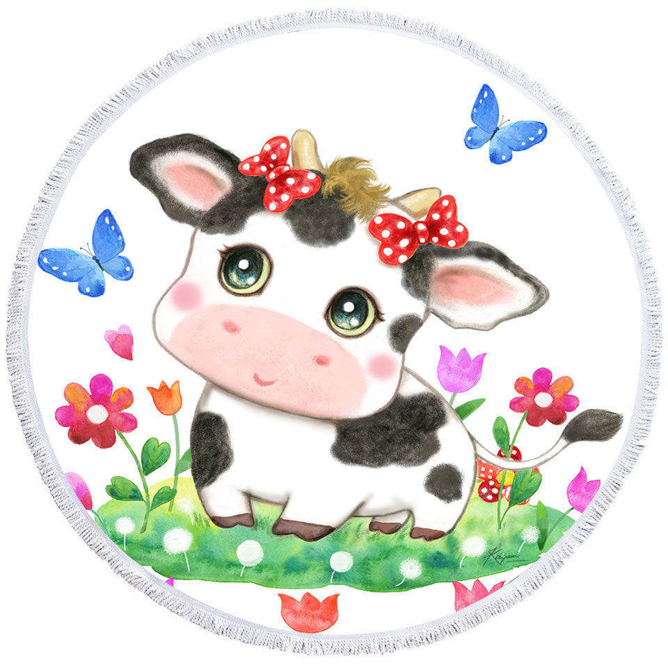 Cute Design Beach Towels for Kids Little Cow and Butterflies