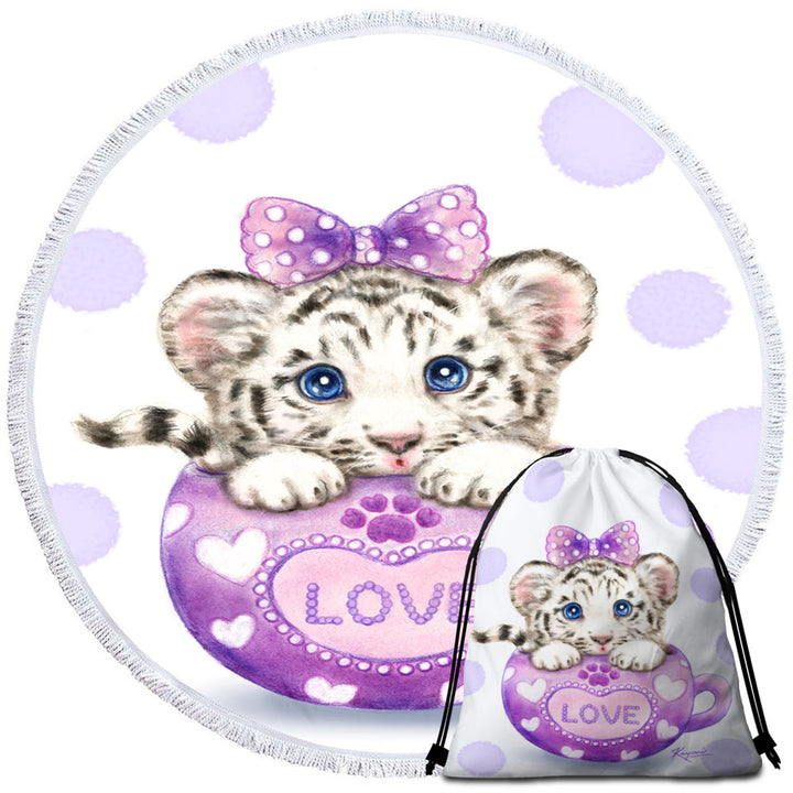 Cute Design Purple Love Cup White Tiger Beach Towels and Bags Set