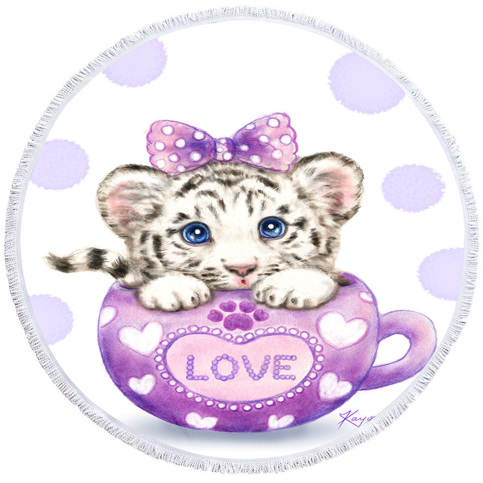 Cute Design Purple Love Cup White Tiger Round Beach Towel