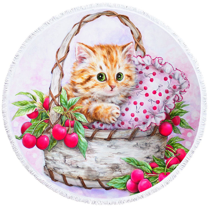 Cute Designs Beach Towels for Girls Kitten in Cherries Basket