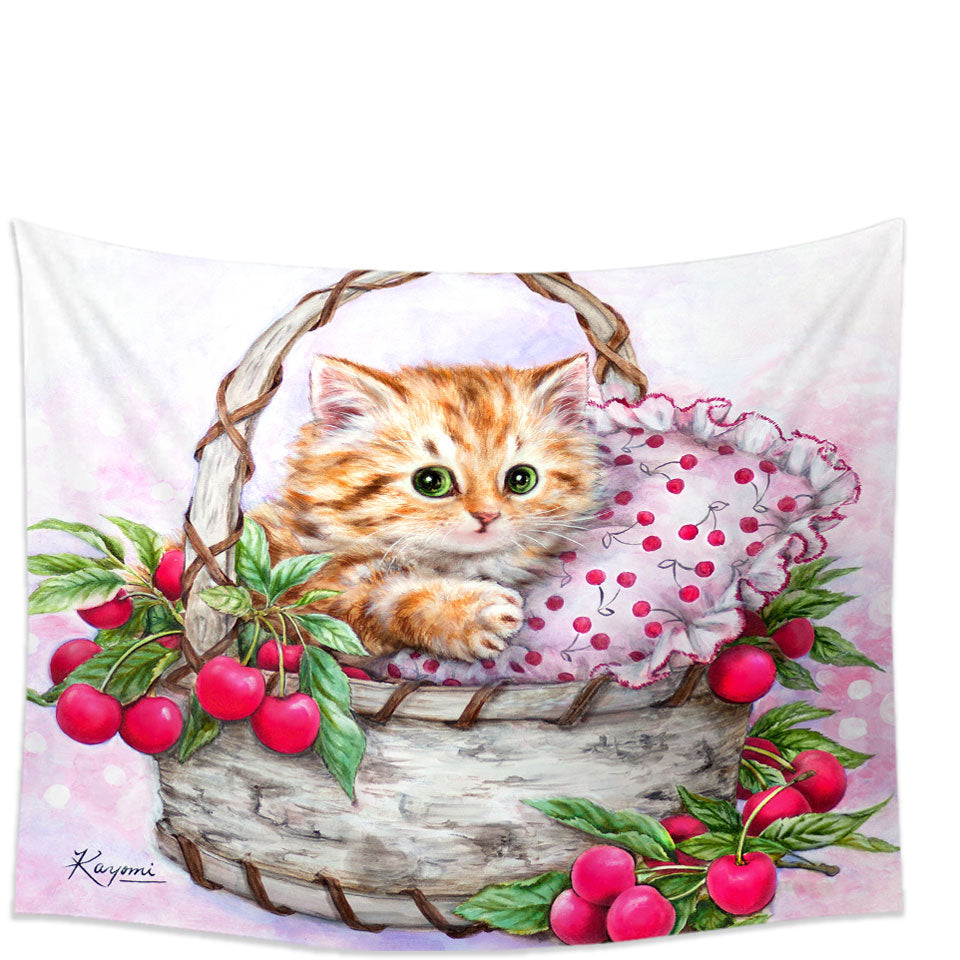 Cute Designs Tapestry for Girls Kitten in Cherries Basket