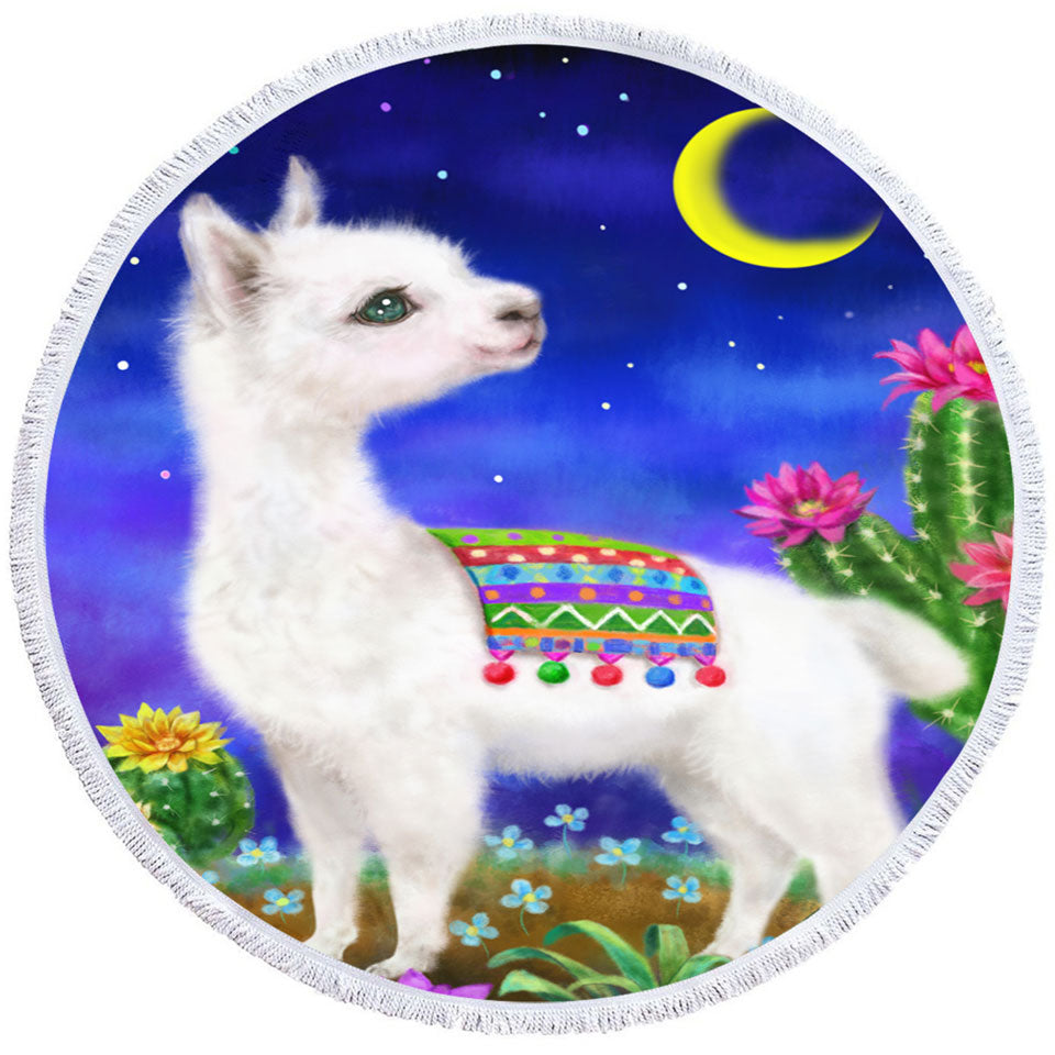 Cute Drawings Trendy Round Beach Towel for Kids Llama in the Moonlight