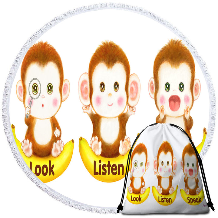 Cute Educational Bananas and Three Monkeys Circle Beach Towel