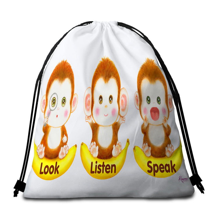 Cute Educational Bananas and Three Monkeys Round Beach Towel