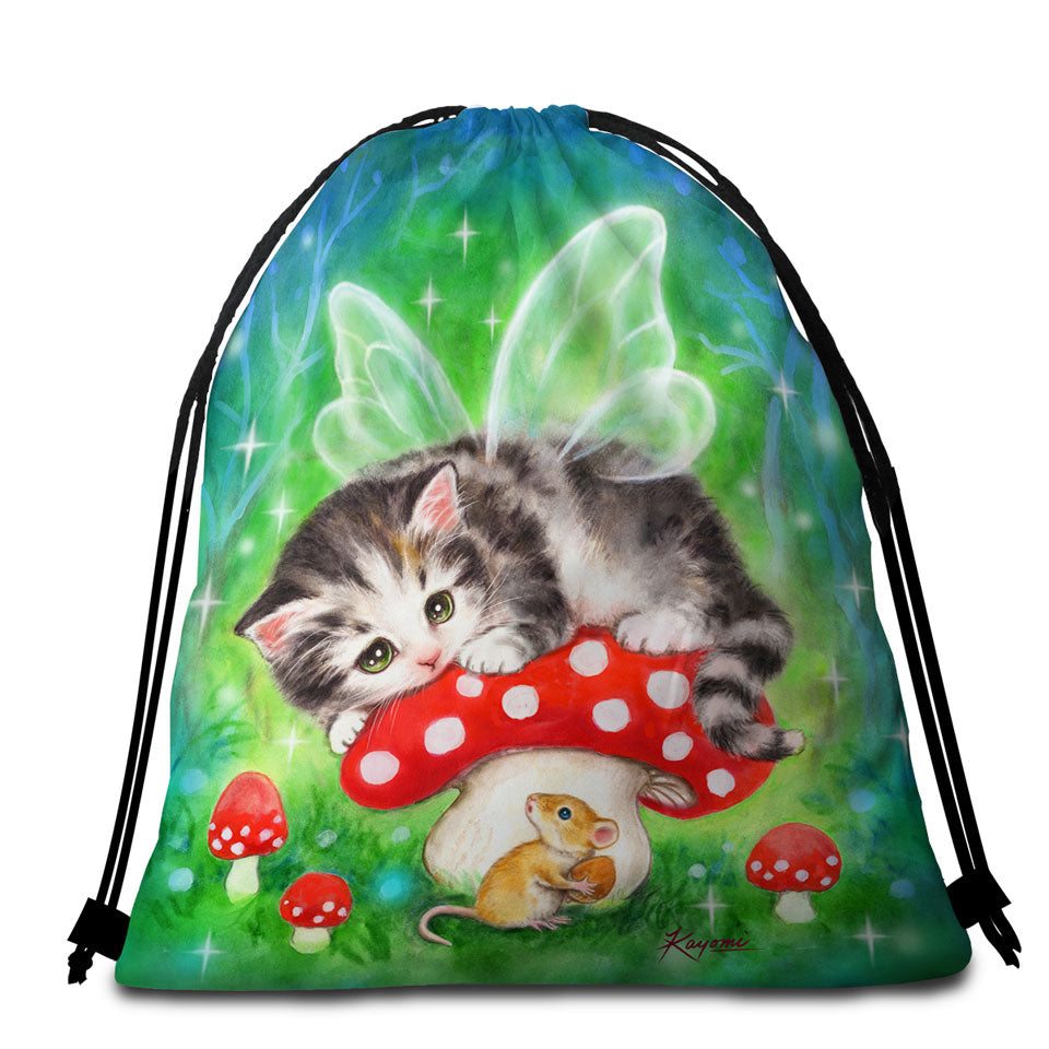 Cute Fantasy Cat Art Kitten Fairy on Mushroom Beach Towel Bags