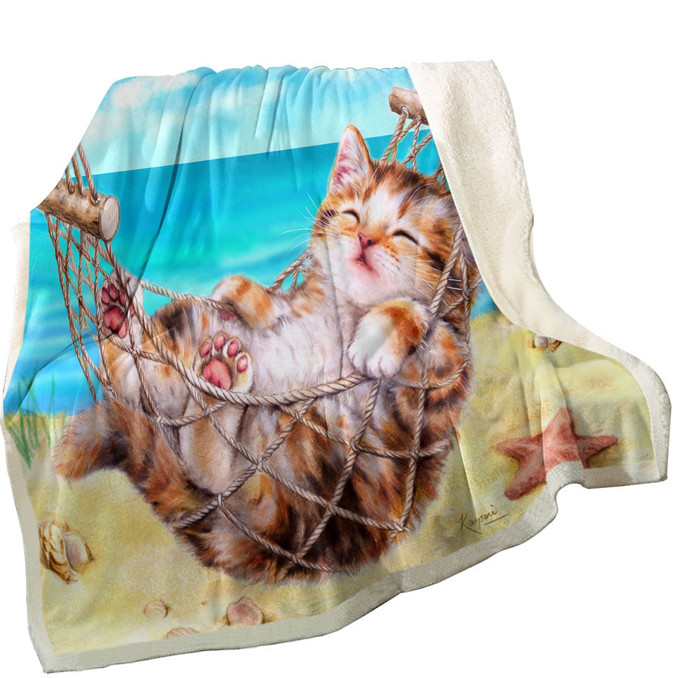 Cute Funny Cat Fleece Blanket Art Painting Kitten at the Beach